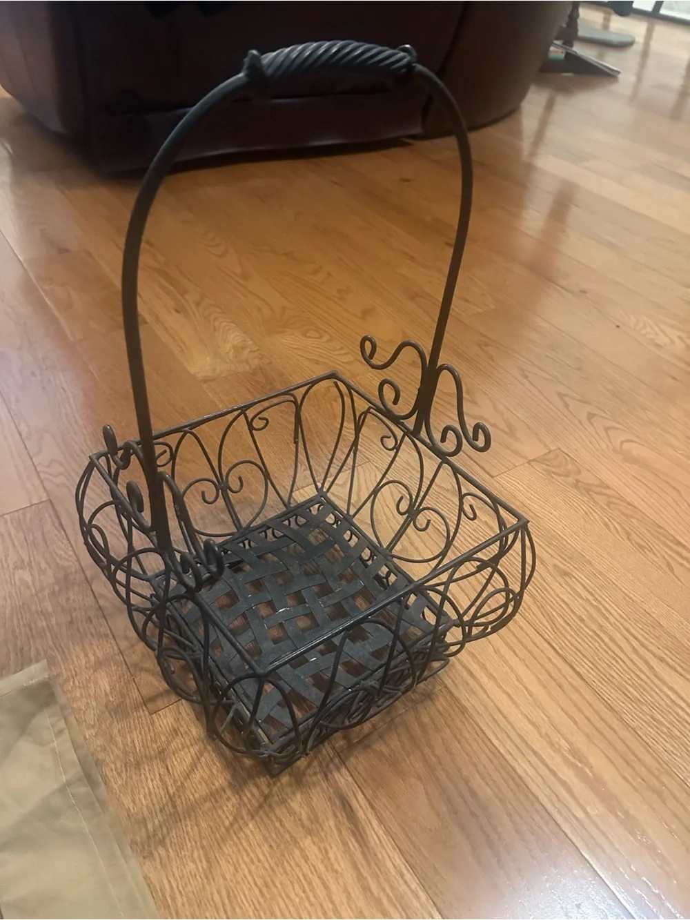 Decorative Black Wrought Iron Basket with Handle